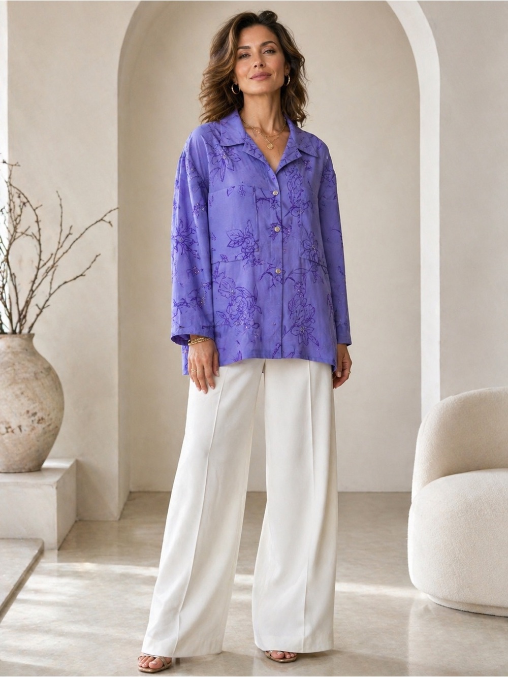 Coldwater Creek Jacket Women Purple Silk Floral Embroidered Pockets Size L